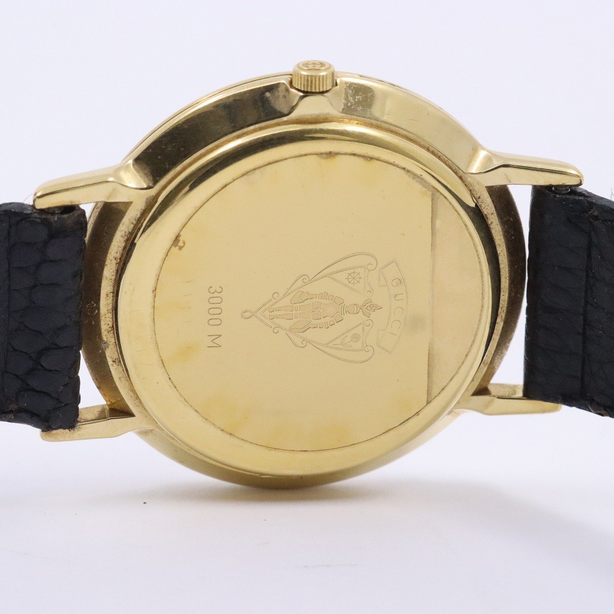 グッチ 3000M ラウンド型 クォーツ メンズ 腕時計 ブラック×ゴールドGP 純正革ベルト【いおき質店】_画像9