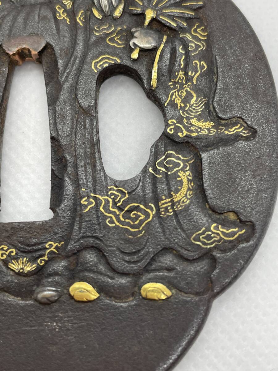 【武具小道具】日本刀装具 鉄鍔 中国人物金銀象嵌鐔 木瓜形 の画像5