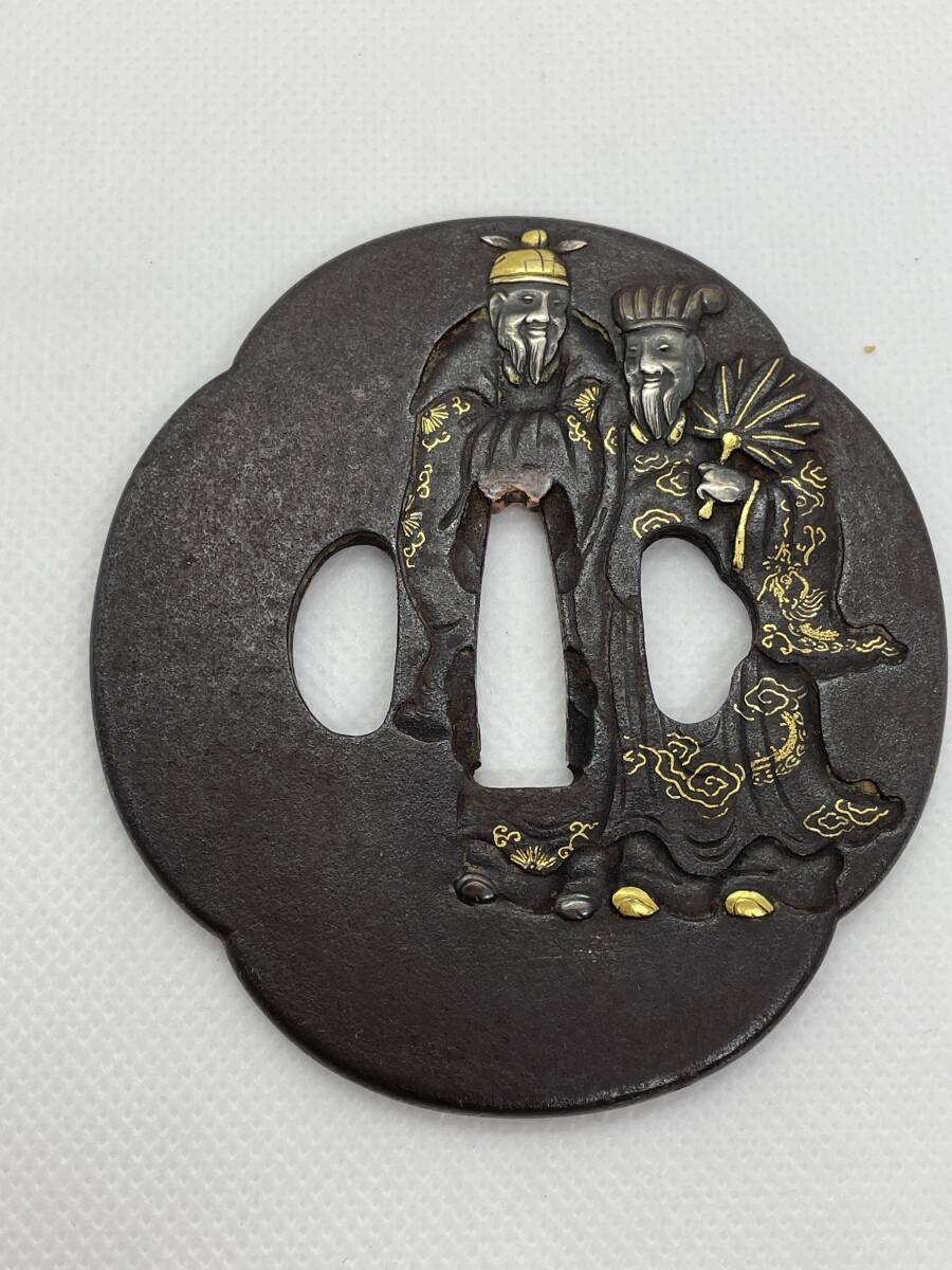 【武具小道具】日本刀装具 鉄鍔 中国人物金銀象嵌鐔 木瓜形 の画像2