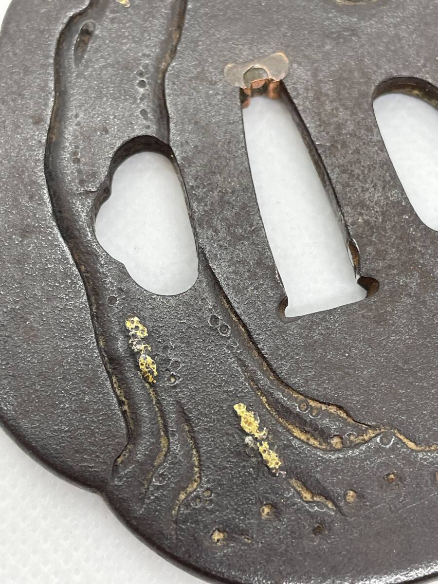 【武具小道具】日本刀装具 鉄鍔 中国人物金銀象嵌鐔 木瓜形 の画像9