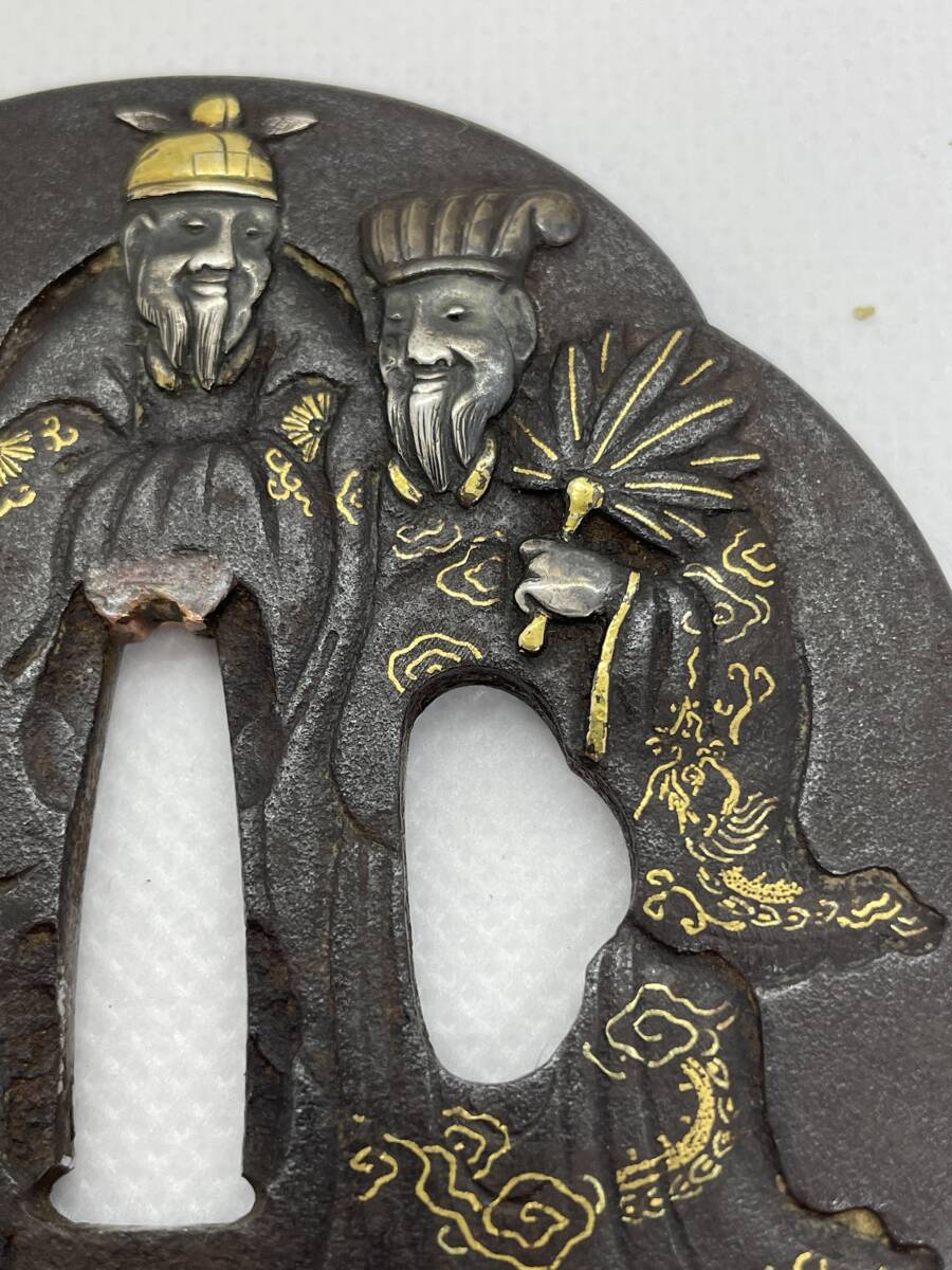 【武具小道具】日本刀装具 鉄鍔 中国人物金銀象嵌鐔 木瓜形 の画像4