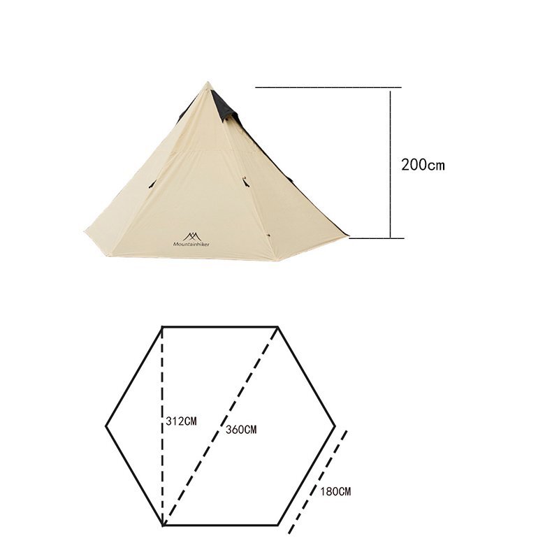 ワンポールピラミッドテント 2-4人用 ピラミッドテント 4シーズン 収納バッグ付 簡単設営 キャンプ用品 軽量 通気性 防風防雨 ベージュの画像3
