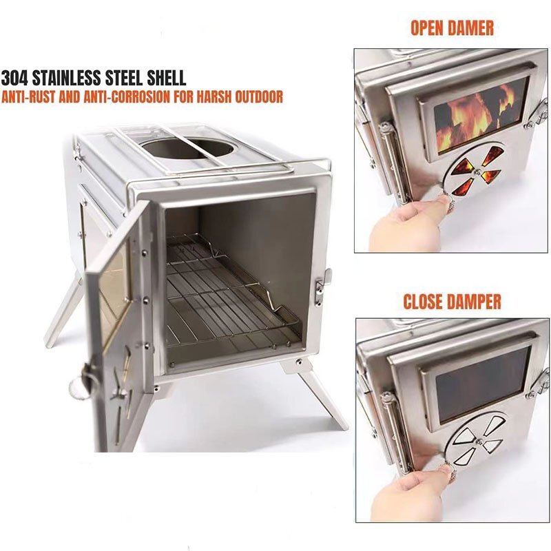  wood stove outdoor cookware fireplace camp folding tent smoke . attaching 3 surface. heat-resisting glass window construction type open-air fireplace ( silver / made of stainless steel )
