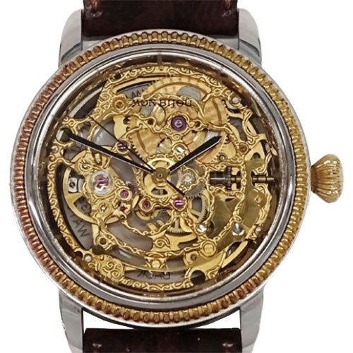 1 jpy ~ Orient ORIENTmombiju483202-60 CA clock men's brand hand winding SS GP leather skeleton Gold face (v0080927200)