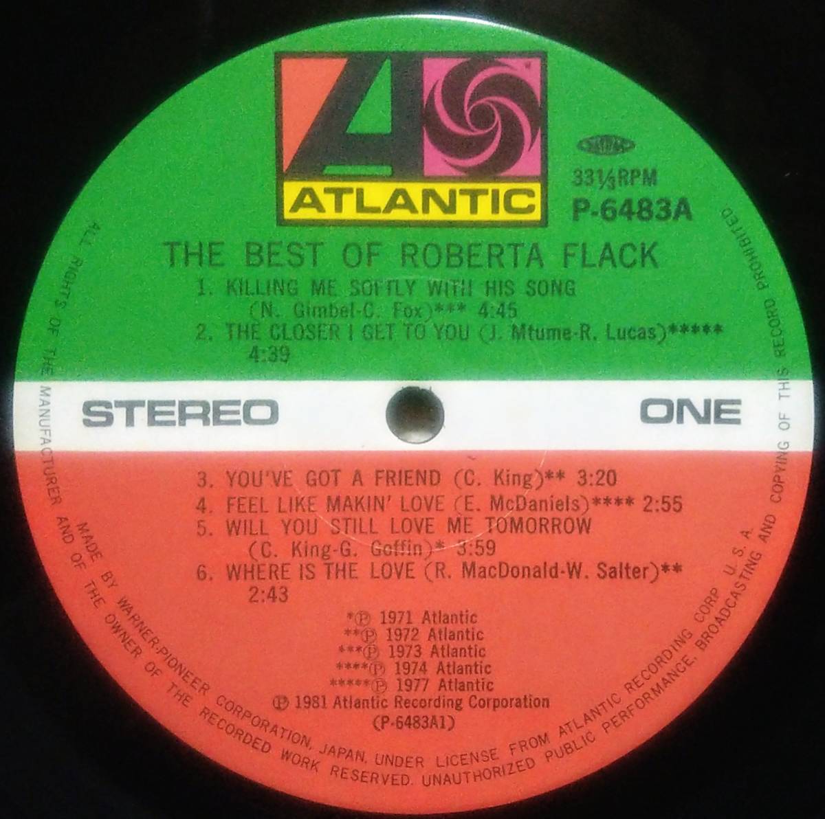 【LP Soul】Roberta Flack「The Best Of Roberta Flack」JPN盤 Killing Me Softly With His Song.Feel Like Makin' Love 他 収録！_Side1