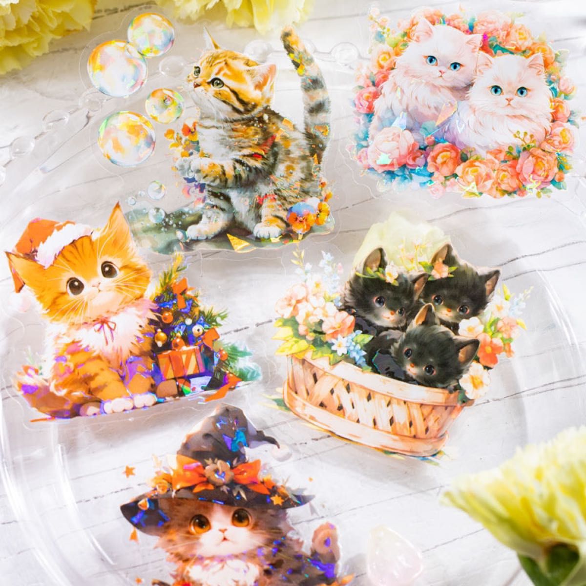 玩樂小猫リーズ　猫柄PETステッカーシール　コラージュ素材　6種60枚