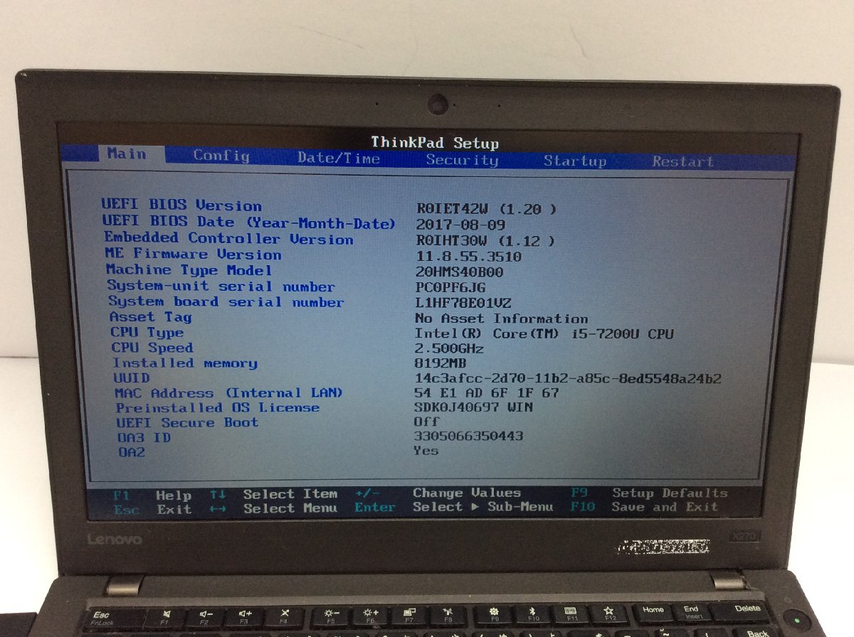 ジャンク/ LENOVO 20HMS40B00 ThinkPad X270 Intel Core i5-7200U メモリ8.19GB NVME256.06GB 【G21381】_画像5