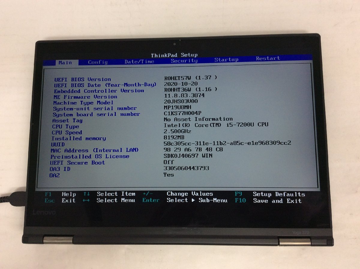 ジャンク/ LENOVO 20JHS03V00 ThinkPad Yoga 370 Intel Core i5-7200U メモリ8.19GB NVME256.06GB 【G21368】_写真では見にくいムラが液晶に多数あります