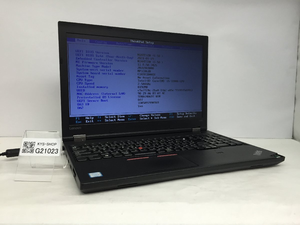 ジャンク/ LENOVO 20J8S03U00 ThinkPad L570 Intel Core i5-7200U メモリ8.19GB HDD500.1GB 【G21023】_画像1