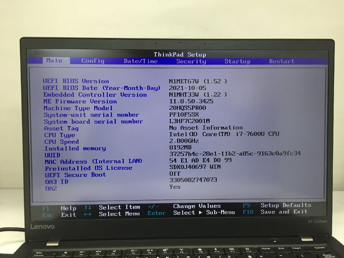 ジャンク/ LENOVO 20HQS5PR00 ThinkPad X1 Carbon 5th Intel Core i7-7600U メモリ8.19GB NVME256.06GB 【G21481】の画像5