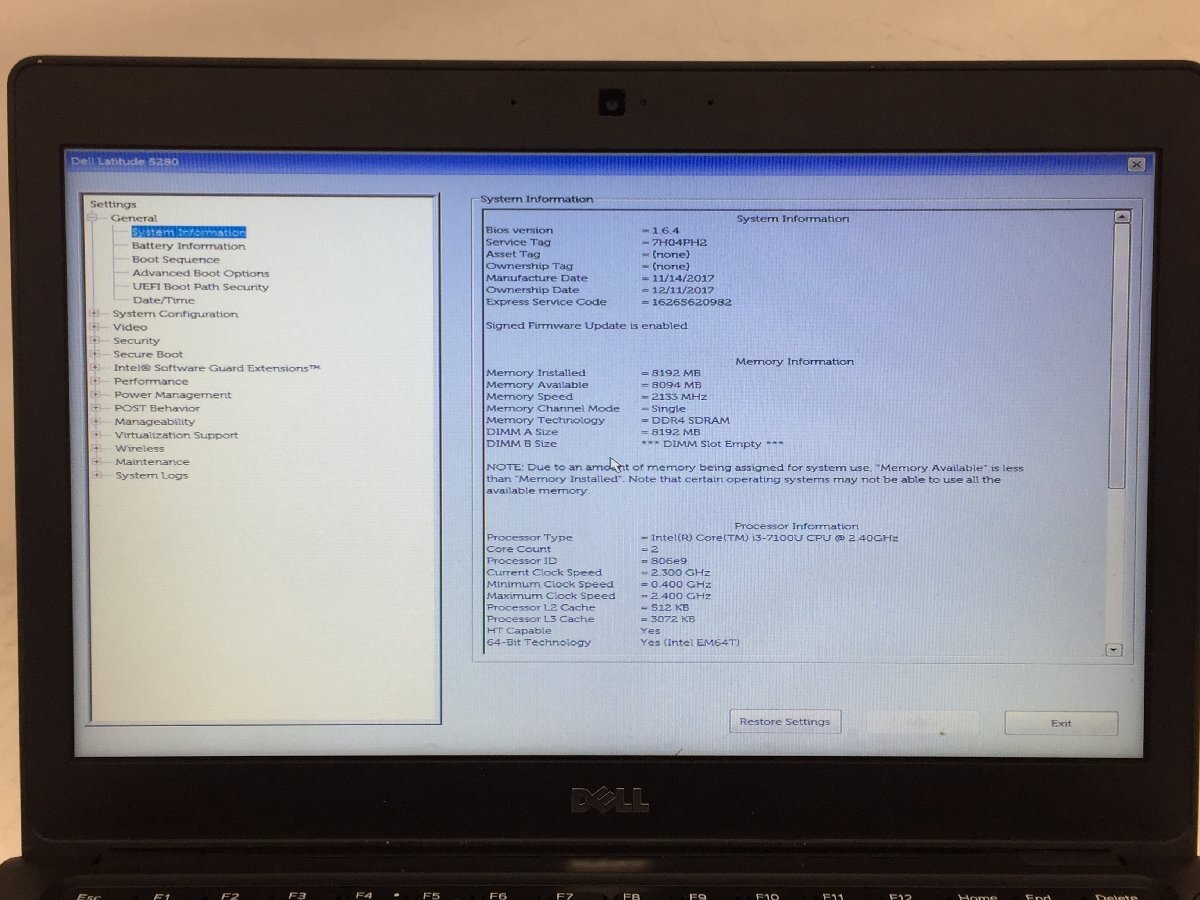 ジャンク/ Dell Latitude 5280 Intel Core i3-7100U メモリ8.19GB SSD128.03GB 【G21834】の画像7