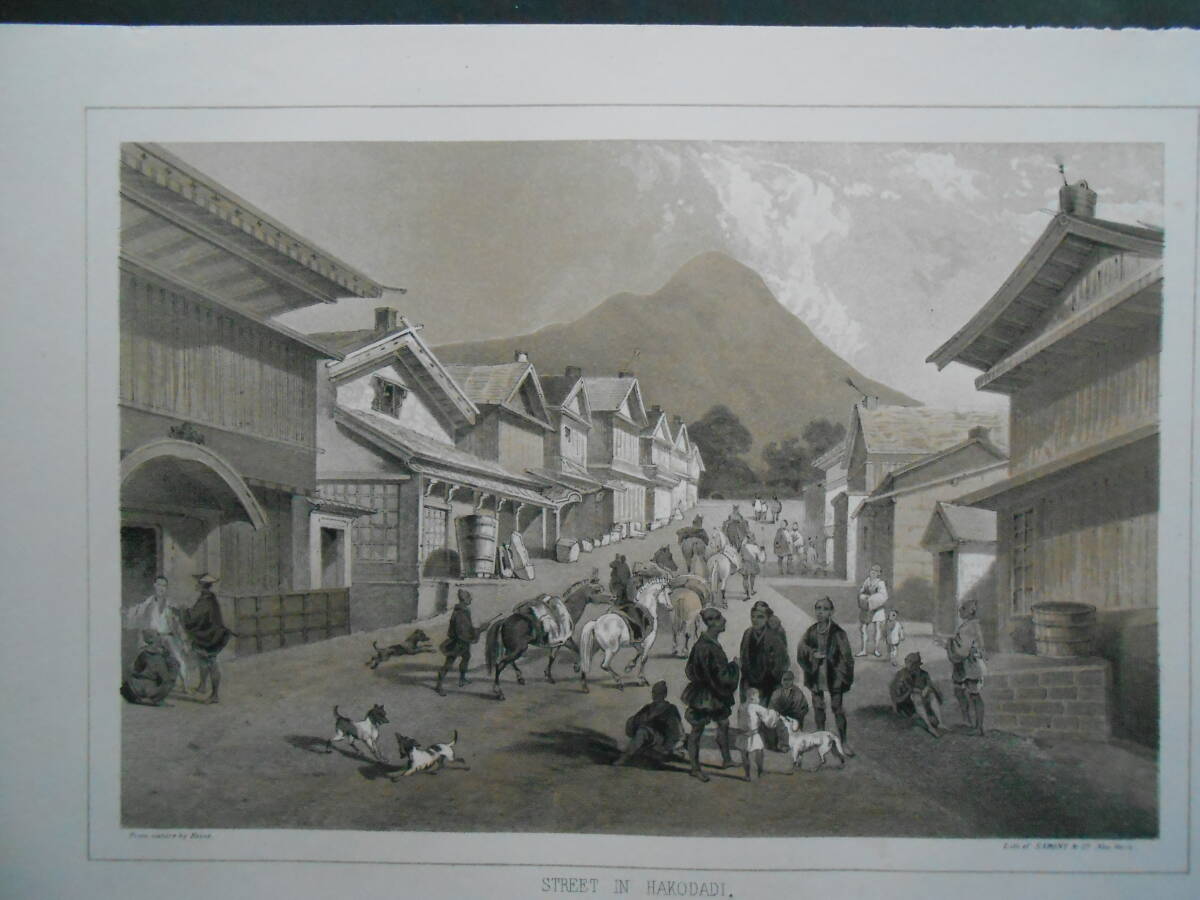 Perry4. 真作石版画「箱館の街並みから姿見坂を望む」、1856年『ペリー提督日本遠征記』の挿画、版面15×22.5cm、状態はとても良い_画像6