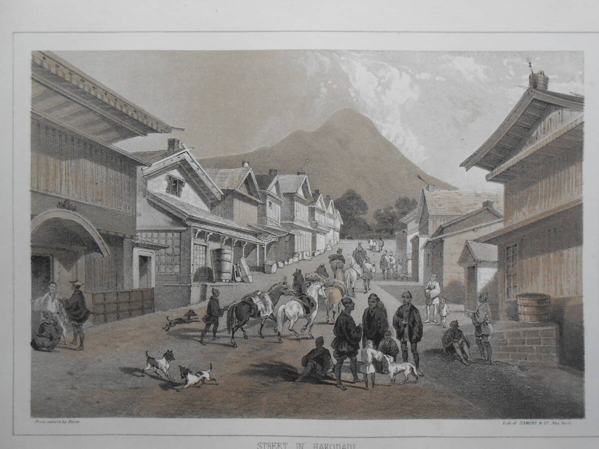 Perry4. 真作石版画「箱館の街並みから姿見坂を望む」、1856年『ペリー提督日本遠征記』の挿画、版面15×22.5cm、状態はとても良い_画像7