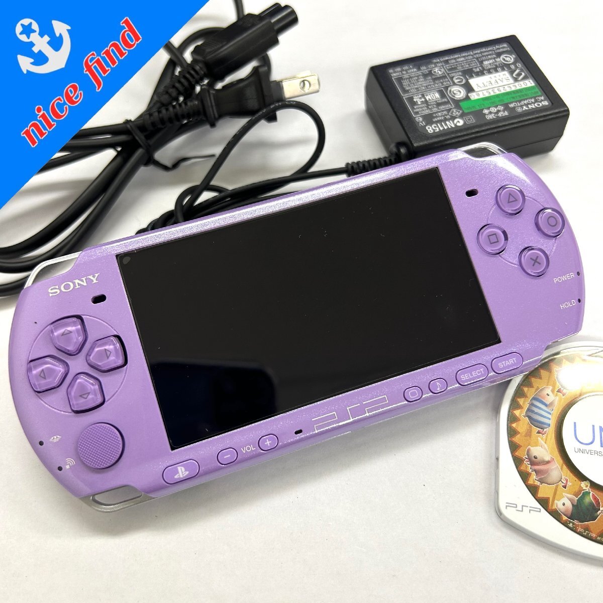 1円～/通電OK◆ソニー SONY◆PSP PSP-3000 本体 ライラックパープル 充電ケーブル/ゲームソフト付 モンハン日記 アイルー村 動作未確認の画像1