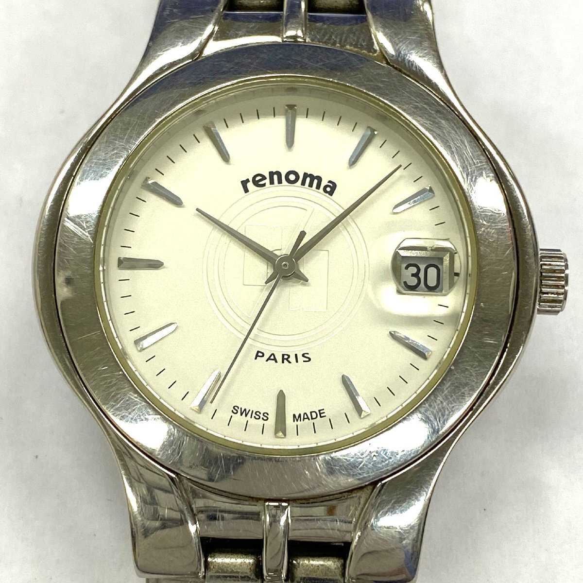 ◆レノマ renoma◆ラウンド RN-1668M クォーツ 腕時計 メンズ ウォッチ ホワイト文字盤 SS デイト 3針 ケース/替えコマ付き 不動品の画像2