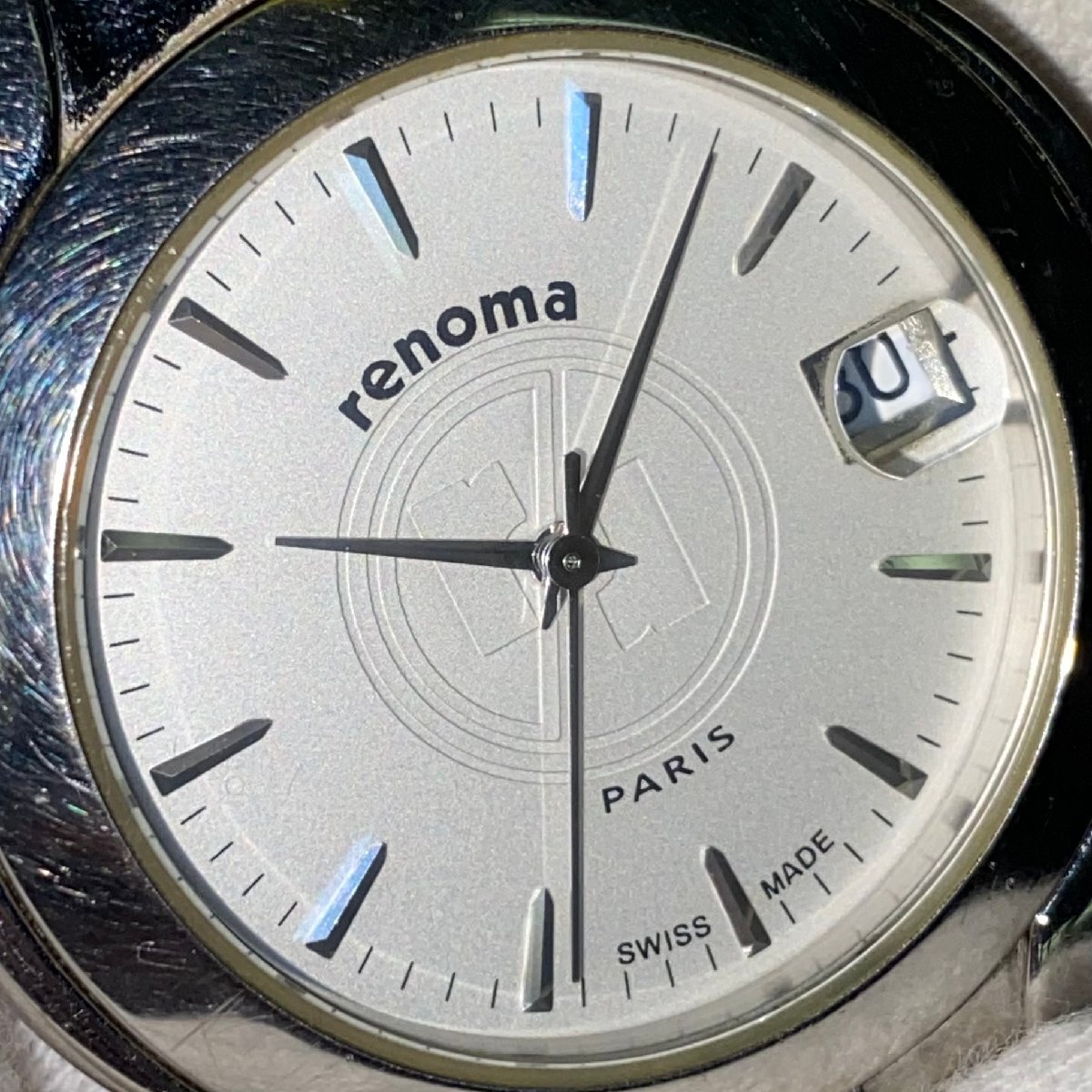 ◆レノマ renoma◆ラウンド RN-1668M クォーツ 腕時計 メンズ ウォッチ ホワイト文字盤 SS デイト 3針 ケース/替えコマ付き 不動品の画像6