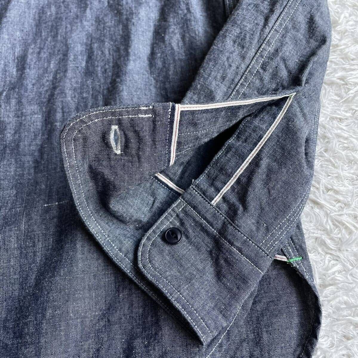 定番◎シャンブレー『Nigel Cabourn/ナイジェルケーボン』美品 インディゴ コットン 長袖 刺繍 ワークシャツ メディカルシャツ(46/M相当)の画像6