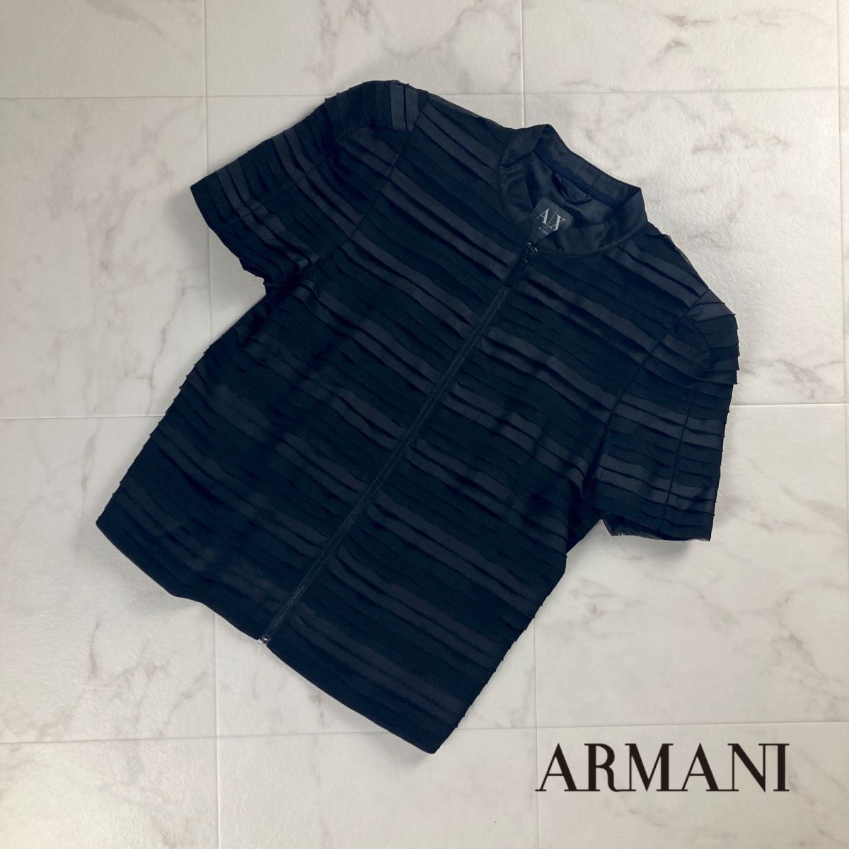 美品 ARMANI EXCHANGE アルマーニエクスチェンジ ティアード ジップアップ半袖ブラウスシャツ トップス レディース 黒 サイズS*OC52_画像1