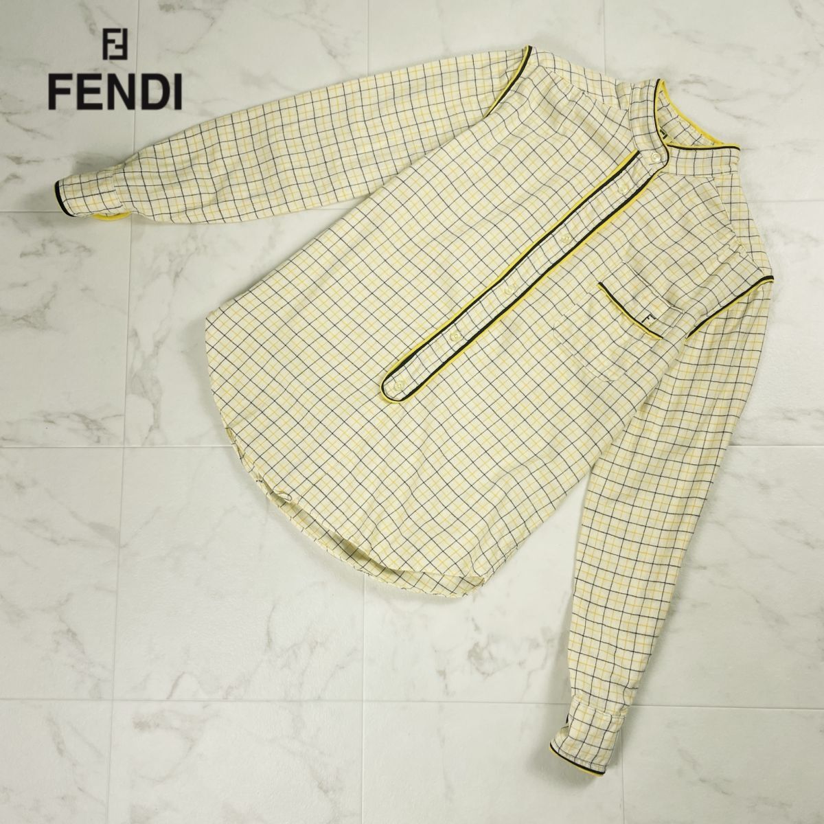 美品 FENDI フェンディ VIYELLA チェック ウール コットン バンドカラー長袖シャツ トップス レディース 黄色 イエロー系 サイズ44*OC227_画像1