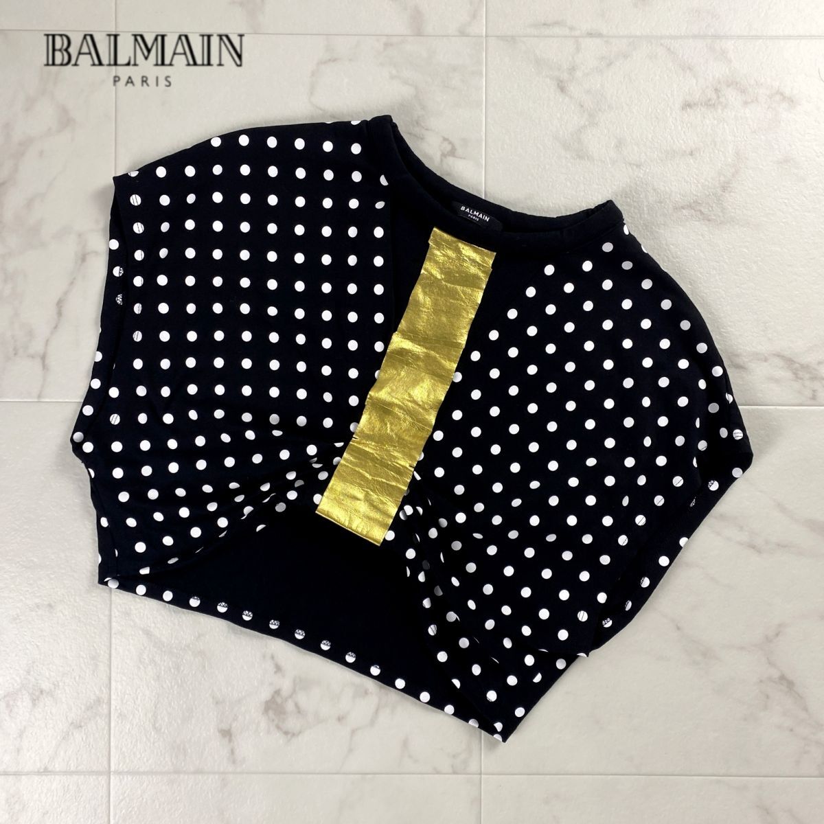 美品 BALMAIN バルマン ドット柄 セミスリーブ ショート丈デザインカットソー トップス レディース 黒 ブラック サイズ36*OC103_画像1