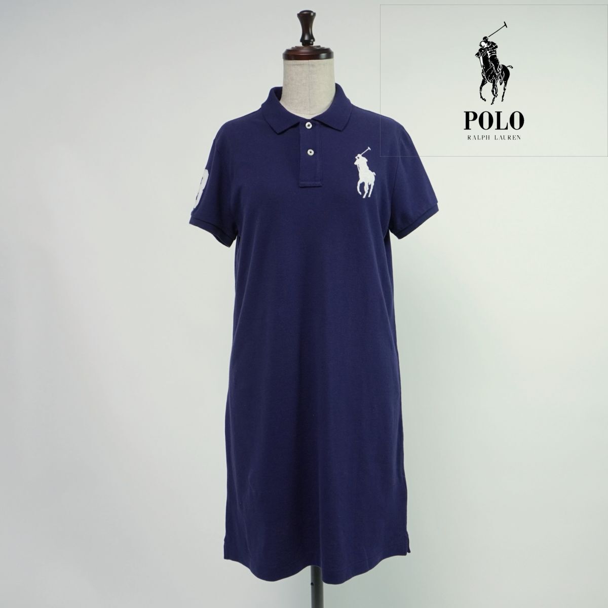 美品 POLO RALPH LAUREN ポロ ラルフローレン ビッグホース 半袖ポロシャツワンピース レディース 紺 ネイビー サイズM*OC141_画像1