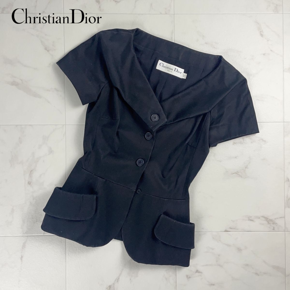美品 Christian Dior クリスチャンディオール 襟付き半袖ブラウスジャケット トップス レディース 黒 ブラック サイズS*OC180_画像1