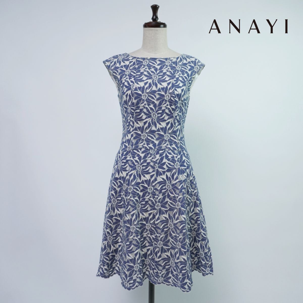 ANAYI Anayi цветочный принт общий гонки semi рукав колени длина flair One-piece подкладка есть женский синий голубой размер 36*OC346