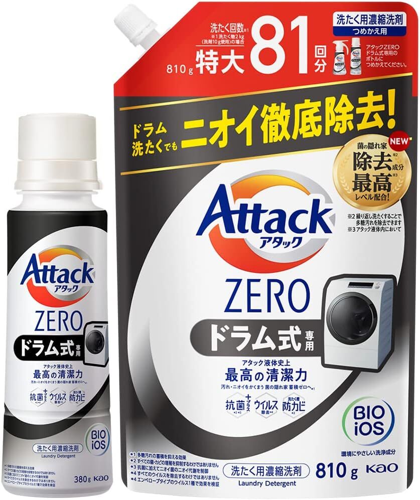 【まとめ買い】アタックZERO ドラム式専用 洗濯洗剤 液体 アタック液体史上 最高の清潔力。菌の隠れ家蓄積０へ 本体380ｇ+詰_画像1