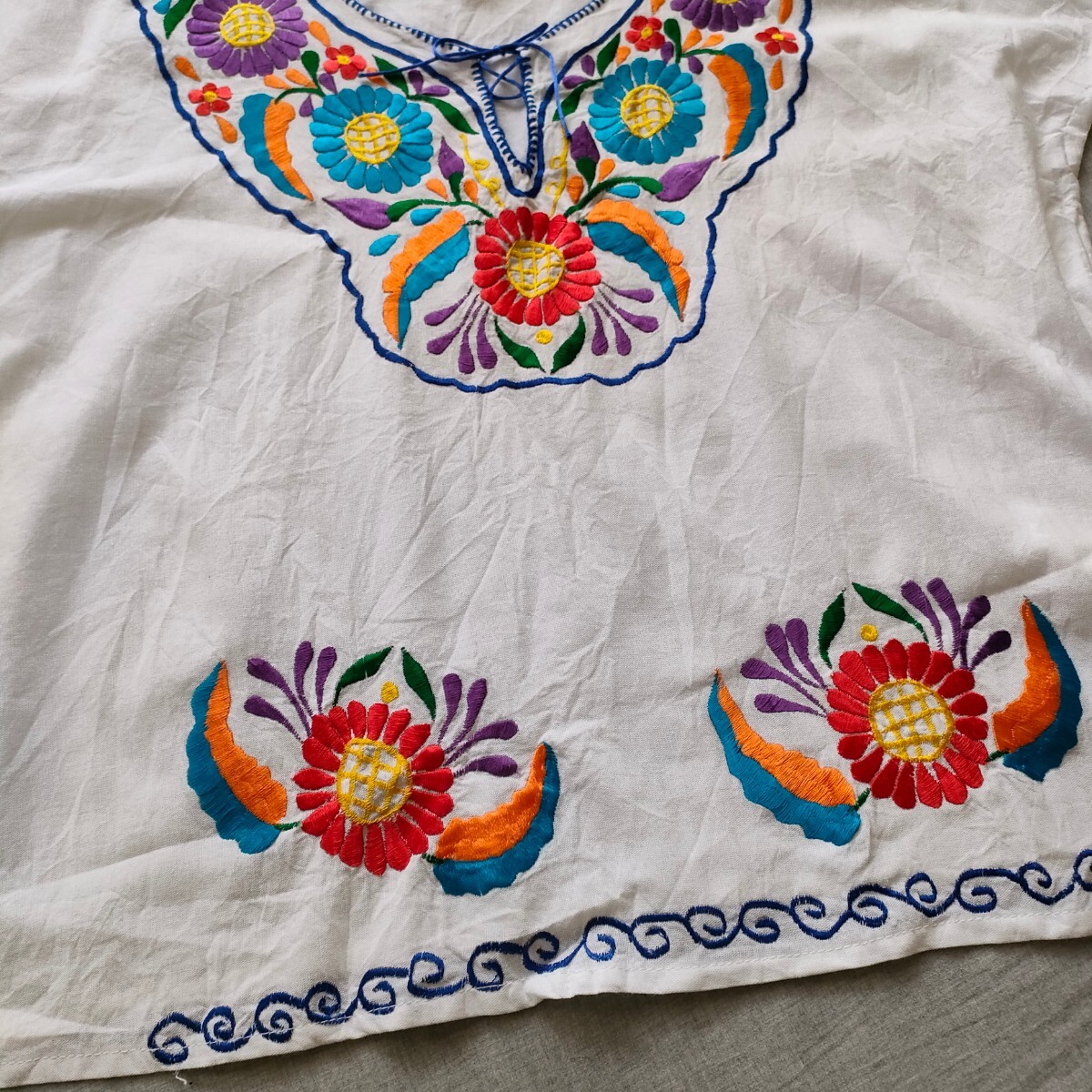 古着 メキシカンブラウス メキシコ チュニック プエブラ ホワイト 白 ブルー系 Lサイズ 2XLサイズ 半袖 トップス 薄手_画像6