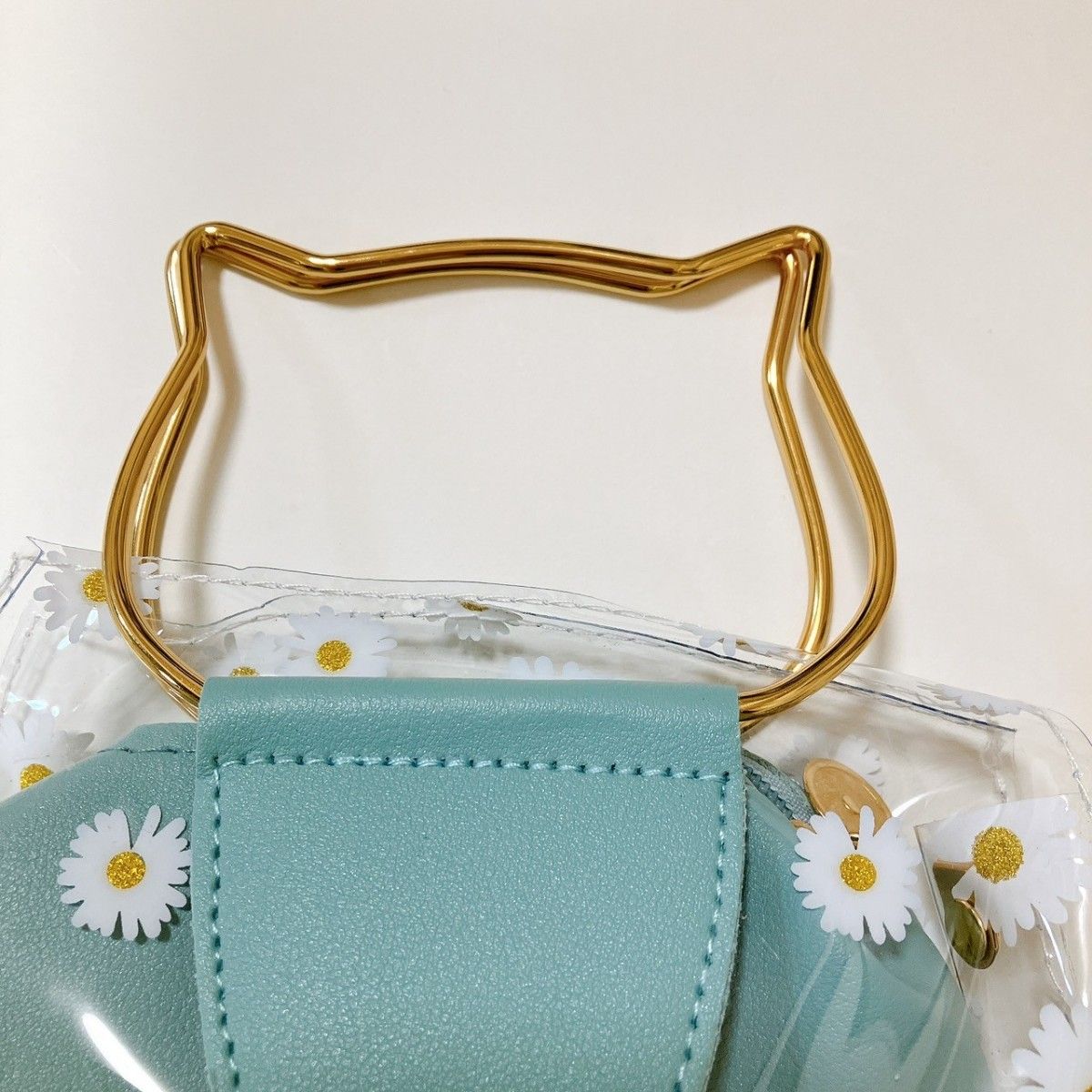 【値下げ】猫型ハンドル　ハンドバッグ　ショルダーバッグ　猫　花柄　2WAY　ビニール素材　ミニバッグ