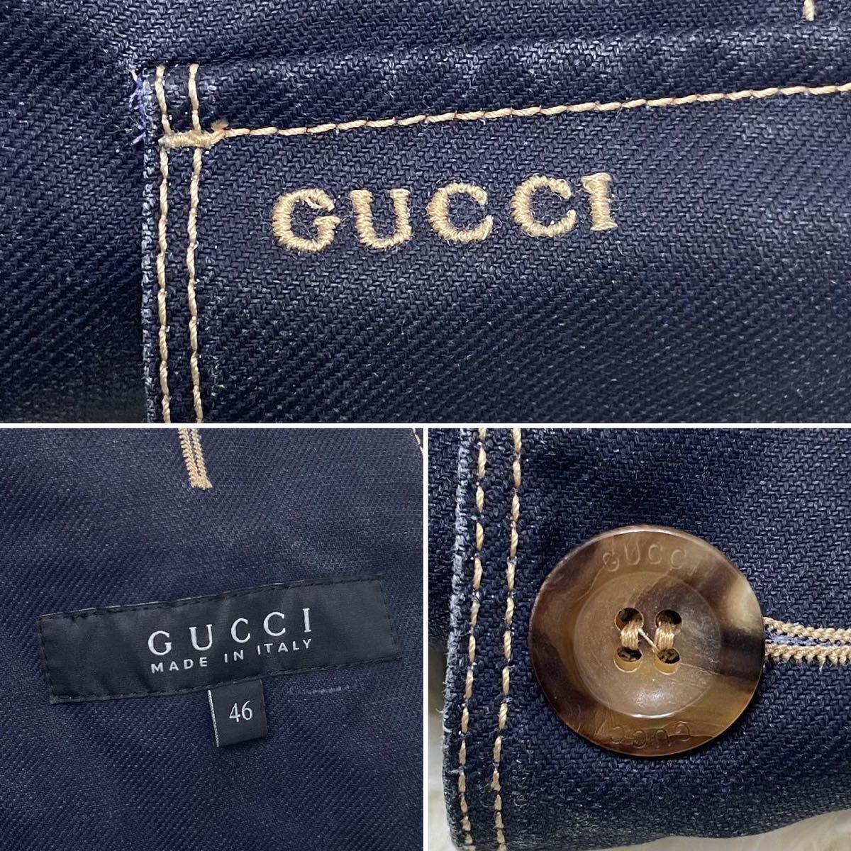 1 иен [ редкий ] Gucci [ джентльмен. весна. цвет .] GUCCI tailored jacket Denim индиго Logo вышивка linen темно-синий 46 M мужской 314421