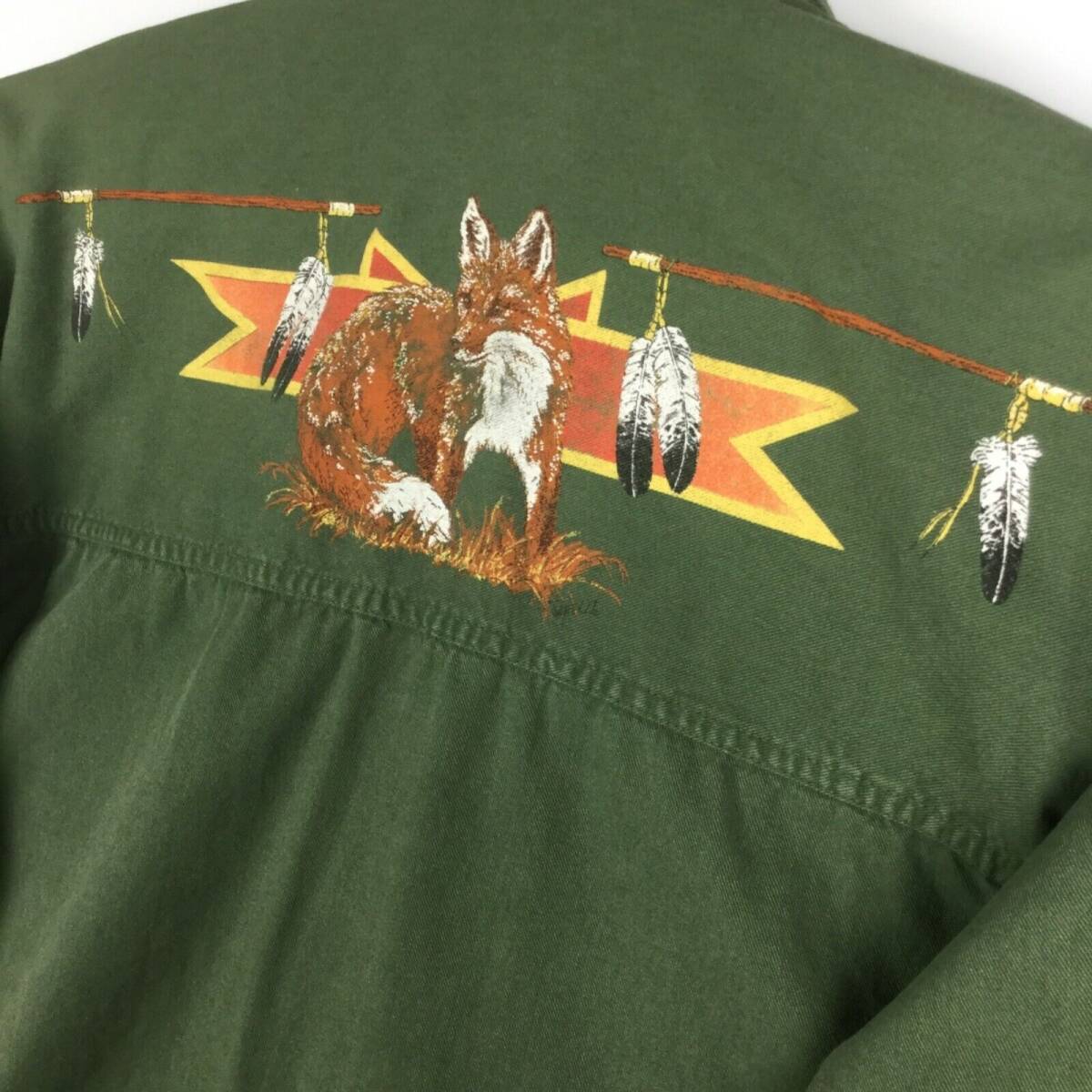 Vintage Fox Feathers Design Button Shirt Long Sleeve Green Mens Size Large L 海外 即決_Vintage Fox Feathe 7