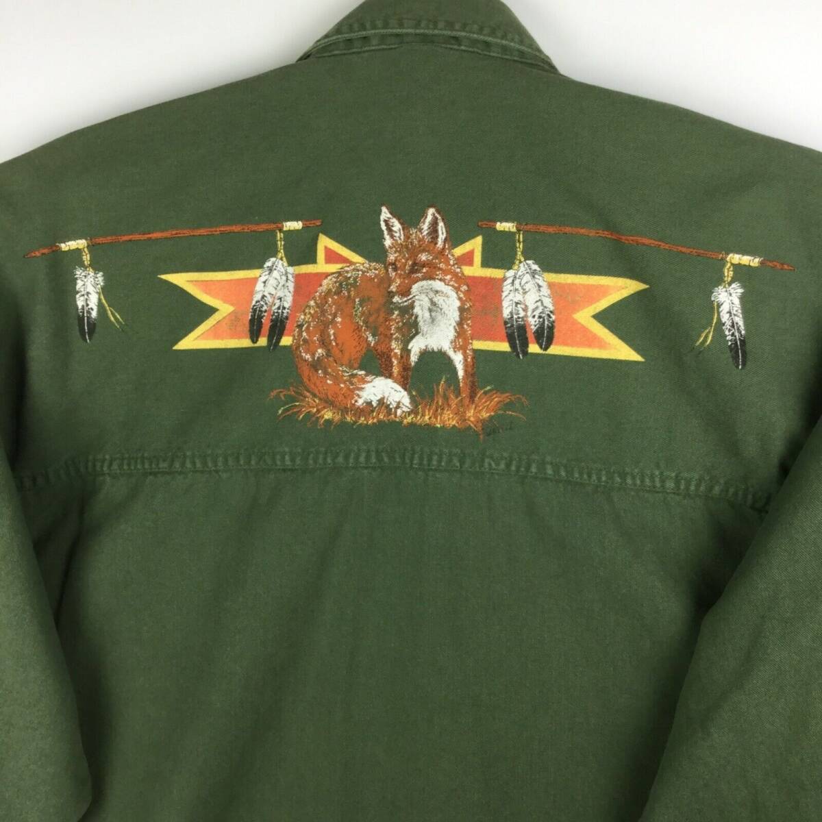 Vintage Fox Feathers Design Button Shirt Long Sleeve Green Mens Size Large L 海外 即決_Vintage Fox Feathe 1