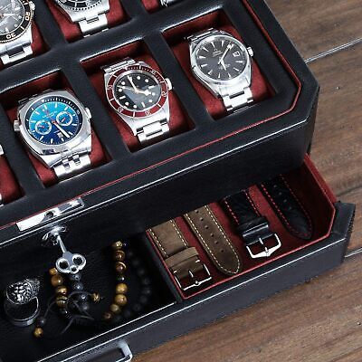 ROTHWELL 12 Slot レザー Watch Box with Valet Drawer - 12 ブラック/レッド 海外 即決_ROTHWELL 12 Slot レ 4