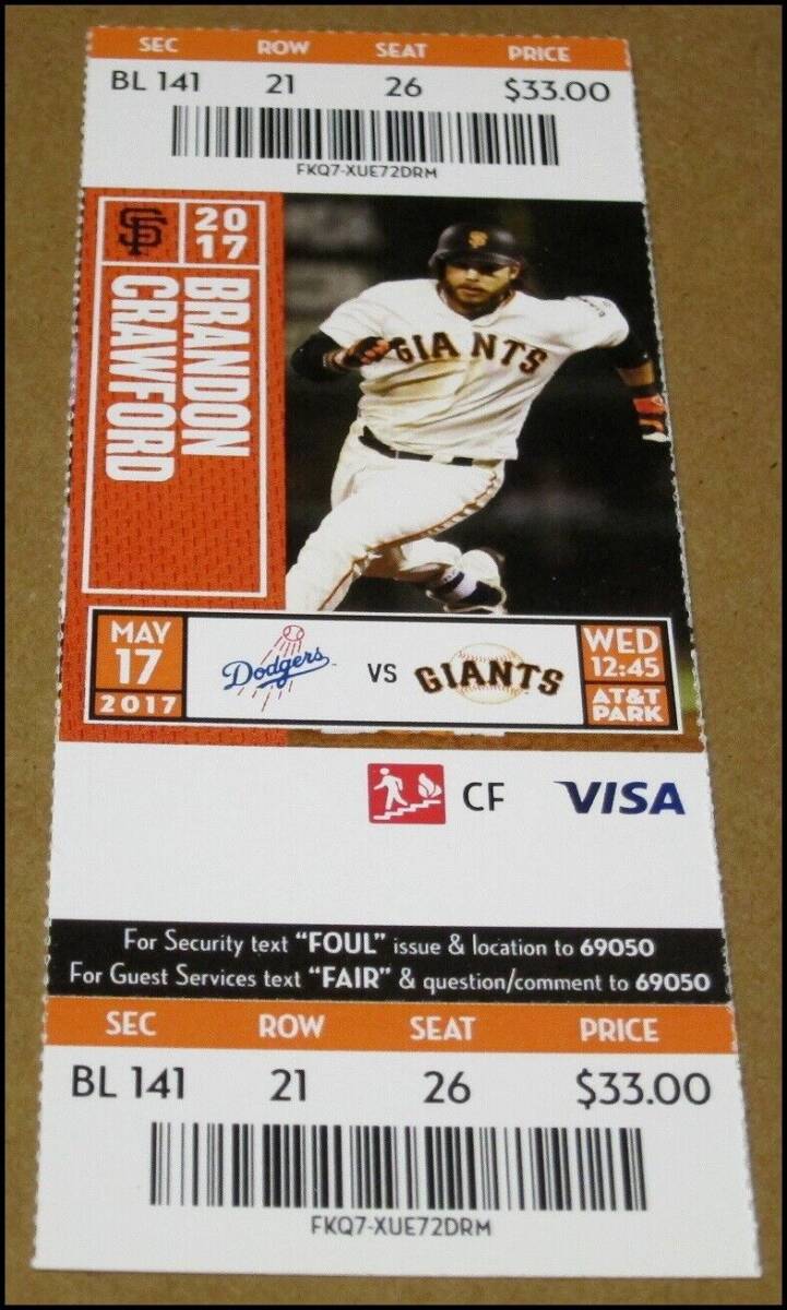 5/17/2017 San Francisco Giants vs Los Angeles Dodgers Ticket Clayton Kershaw Win 海外 即決_5/17/2017 San Fran 2