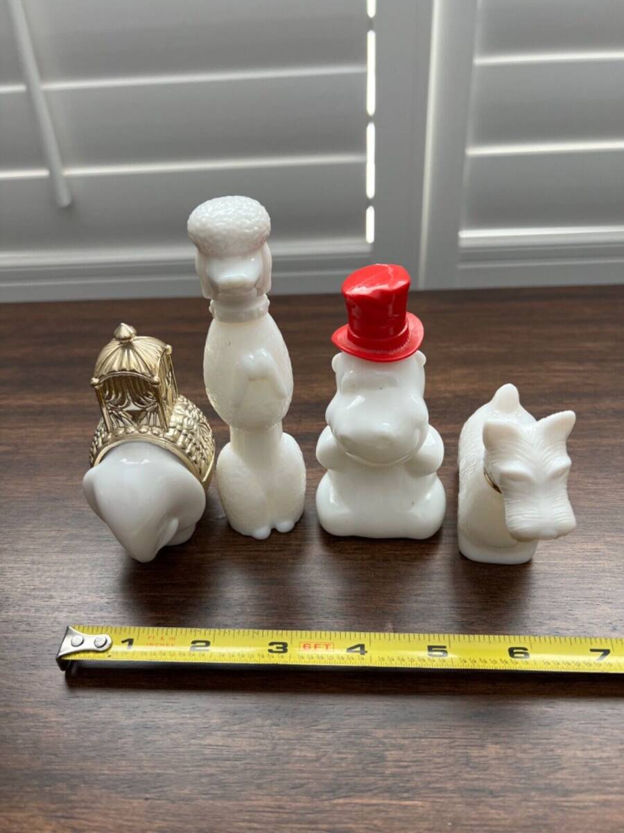 LOT 4 Vintage AVON Milk Glass PERFUME Bottles POODLE HIPPO SCOTTY DOG ELEPHANT 海外 即決の画像2