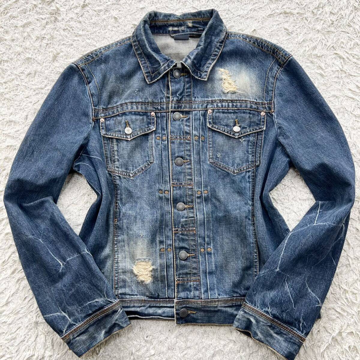 アルマーニエクスチェンジ『奇跡の逸品』ARMANI EXCHANGE デニムジャケット L ダメージ加工◎刻印ボタン ヴィンテージ インディゴブルー 春の画像2