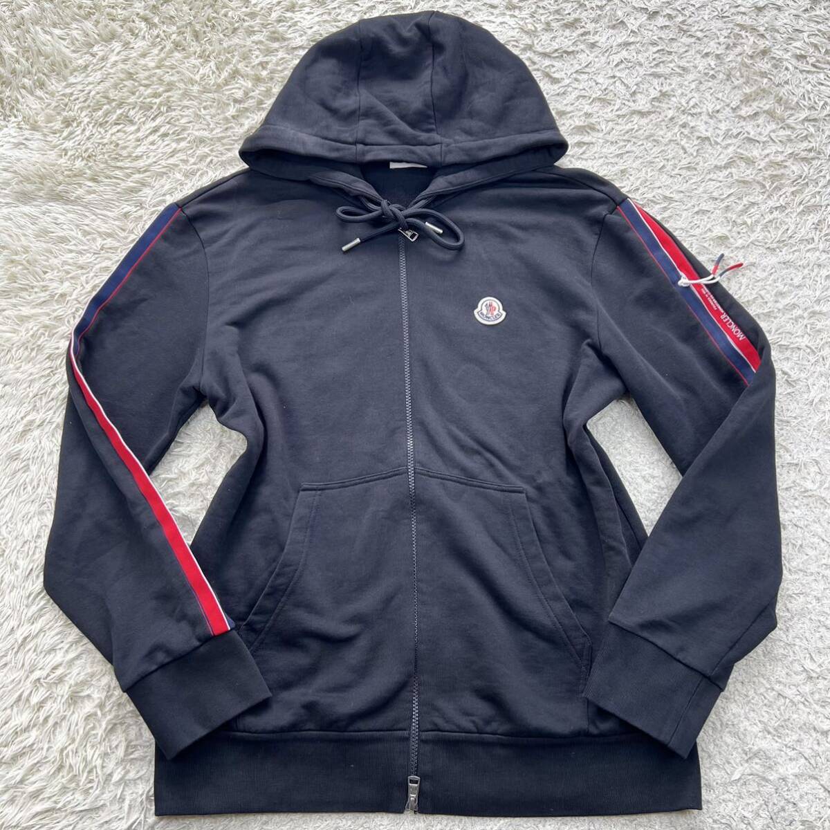 極希少XL!!! モンクレール『幻の逸品』MONCLER パーカー ジャージ ジップアップ ロゴワッペン トリコロール 美品◎ 黒 ブラック 春の画像2