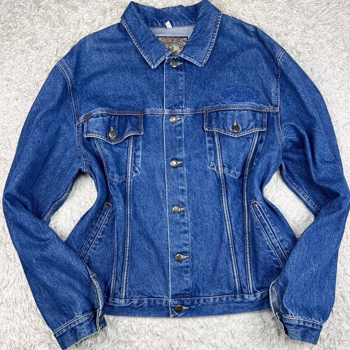 未使用級 極美品XXL!!! アルマーニ『定価50万円相当』ARMANI JEANS デニムジャケット 3L コットン 刻印ボタン 清涼感◎インディゴブルー 春