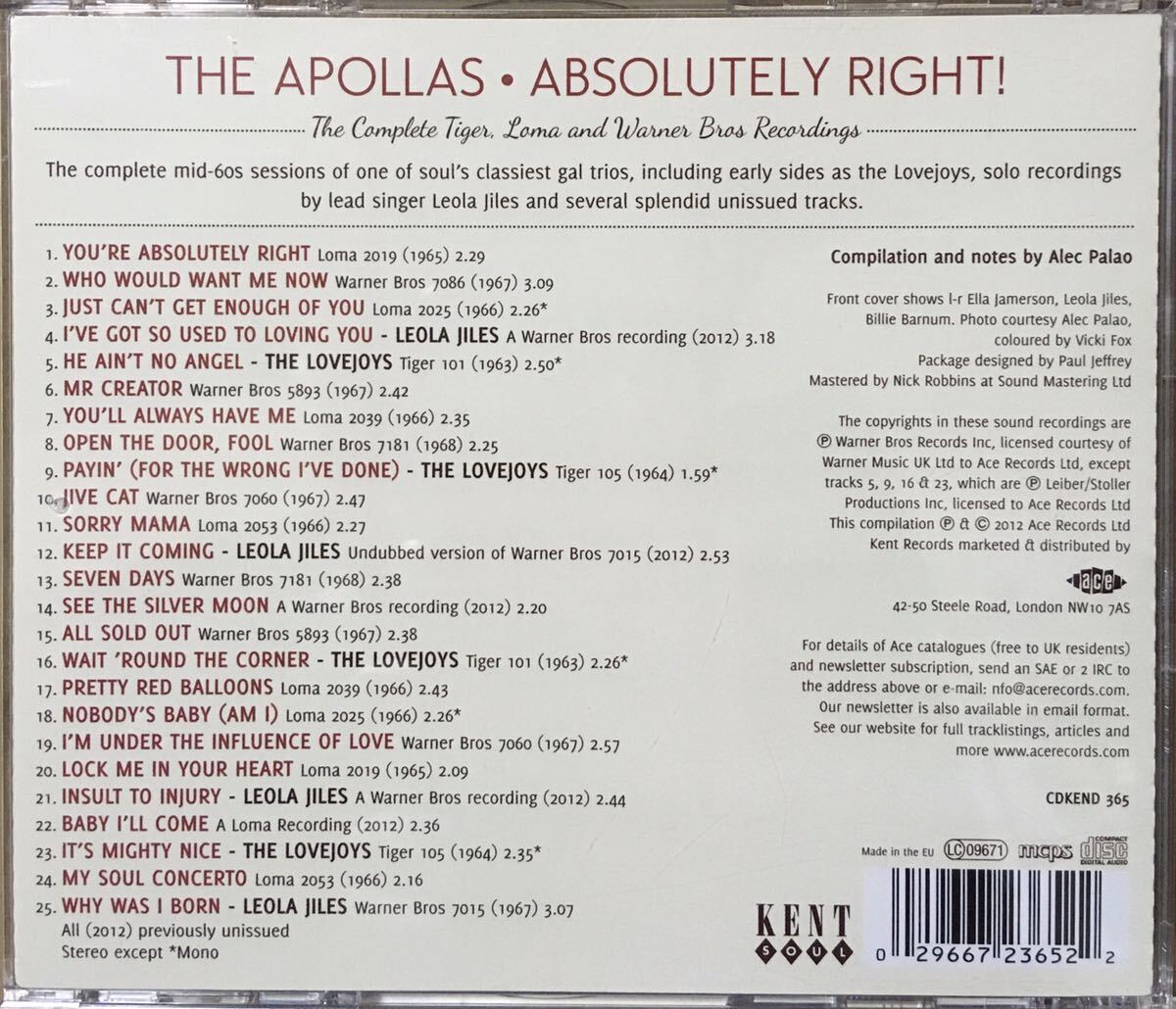 The Apollas[Absolutely Right!]名門KENT監修西海岸のThe Supremesコンプリート音源集/ノーザンソウル/ガールグループ/アーリーR&B/モッズの画像2