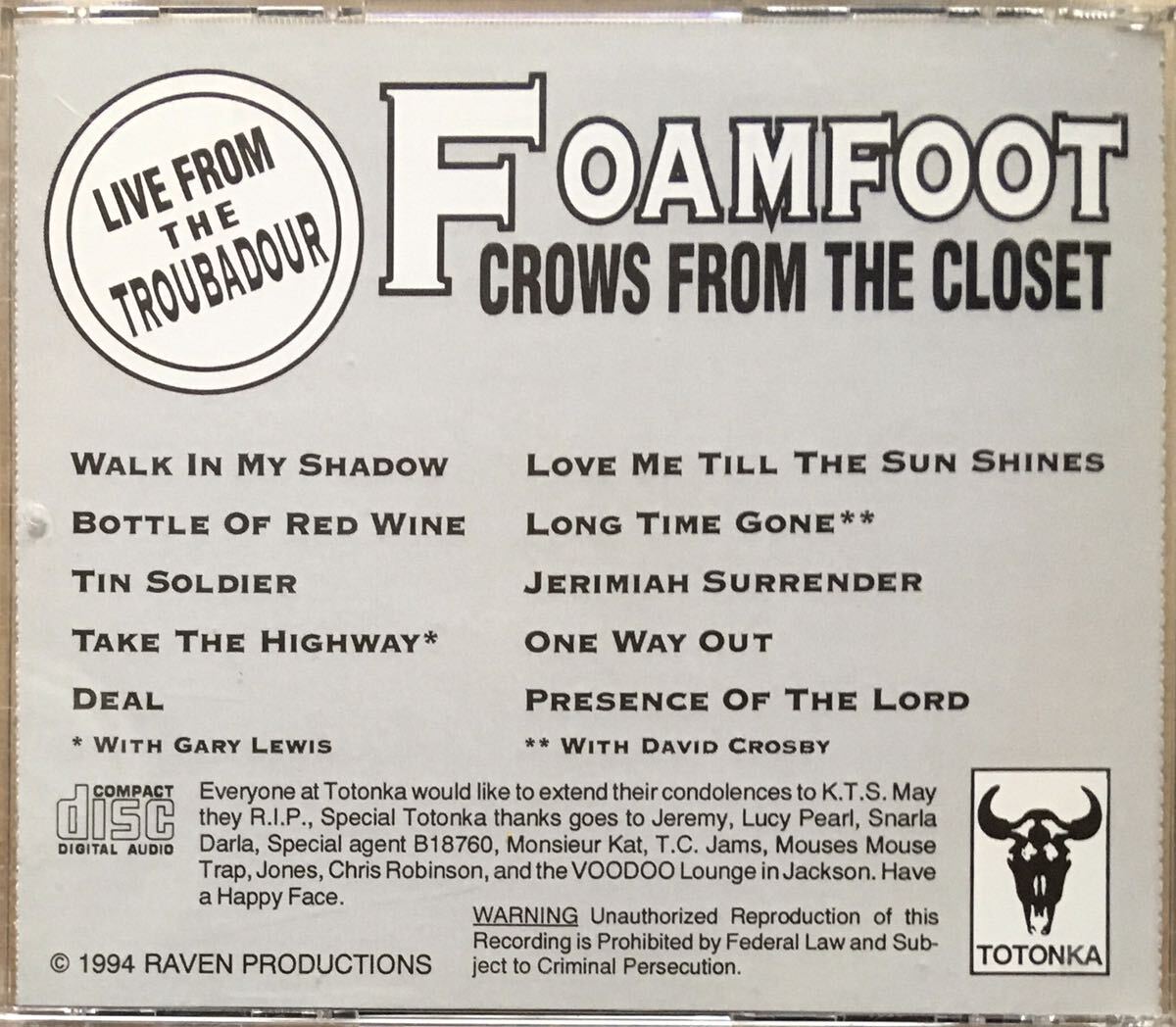 Foamfoot[Crows From The Closet]The Black Crowes変名バンド傑作Live/サザンロック/ルーツロック/スワンプ/David Crosby/The Jayhawks_画像2