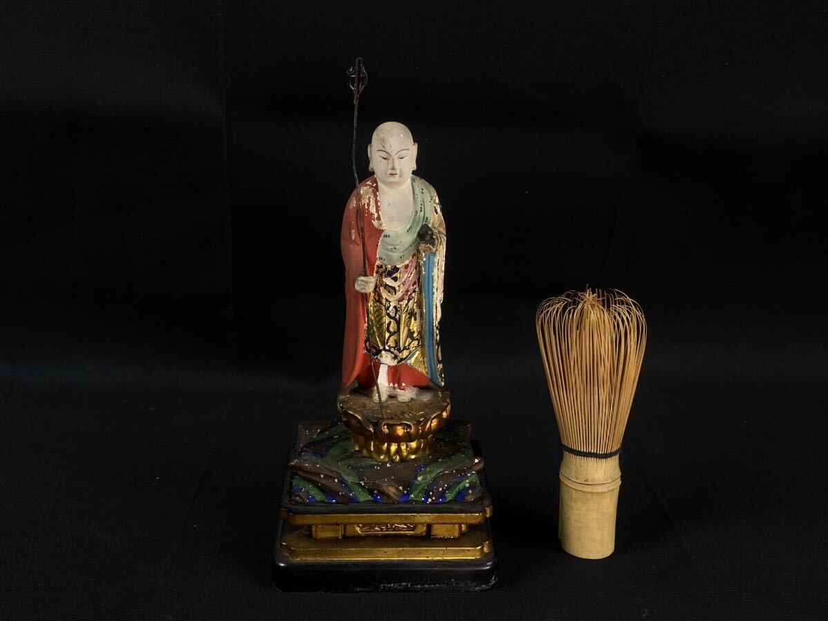 【福蔵】仏像 仏教美術 木彫？彩色 置物 立像 高20.7cmの画像1