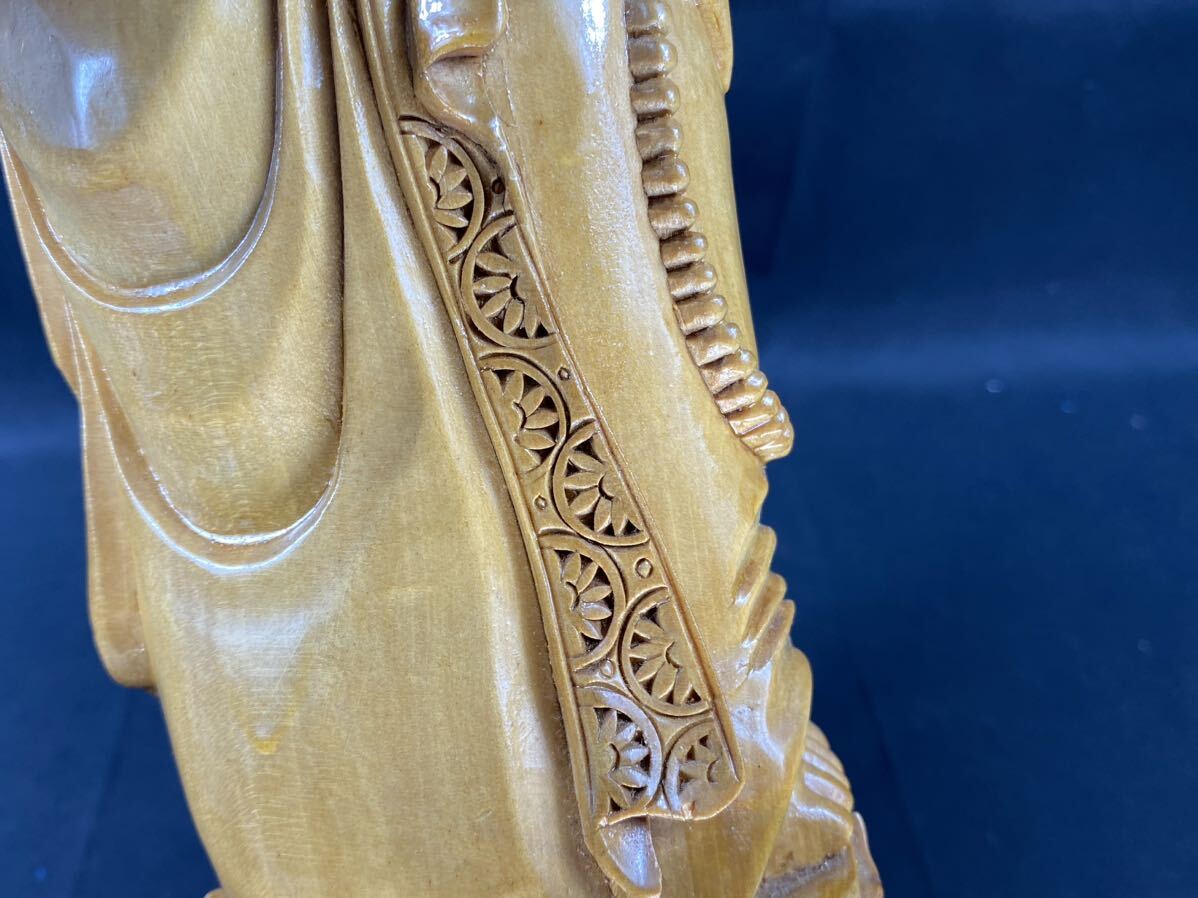 【福蔵】木彫 觀音 仏像 一本彫 仏教美術 置物 本物 天然木 高39.3cmの画像8