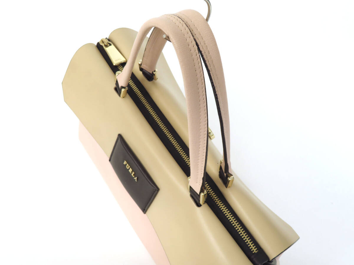 16664 美品 FURLA フルラ メリディアン メタルロゴ トリプルカラー G金具 レザー トートバッグ ハンドバッグ 鞄 ピンク系マルチカラー 伊製の画像5