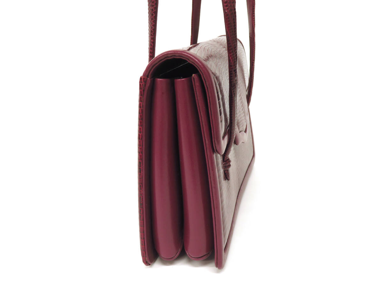 17014 美品 高級 蜥蜴 トカゲ革 リザード レザー エキゾチック ハンドバッグ フラップバッグ 手持ち カバン 赤系 ワインレッド レディースの画像4