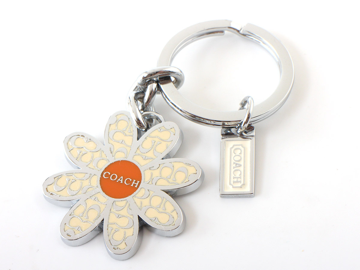 E16909 new goods unused COACH Coach key ring key holder bag charm silver × ivory × orange flower flower box attaching 