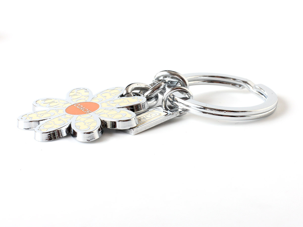 E16909 new goods unused COACH Coach key ring key holder bag charm silver × ivory × orange flower flower box attaching 