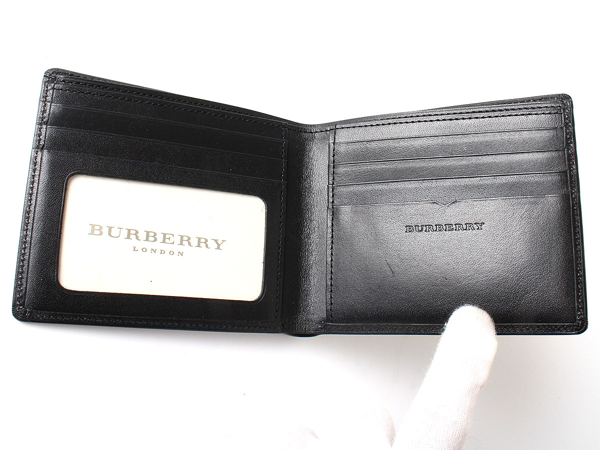 E17192 新品未使用 BURBERRY バーバリー レザー 二つ折り 財布 札入れ ブラック 黒×ベージュ系 箱付き レザー メンズ 裏地ノバチェック柄_画像6