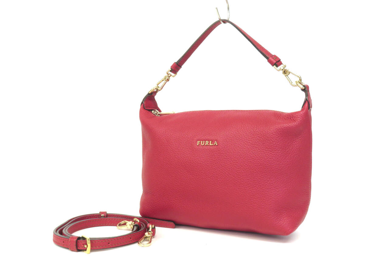 17354 美品 FURLA フルラ Sophie ソフィー メタルロゴ 本革 レザー ジップ G金具 2WAY ハンドバッグ ショルダーバッグ 鞄 赤 レディースの画像1