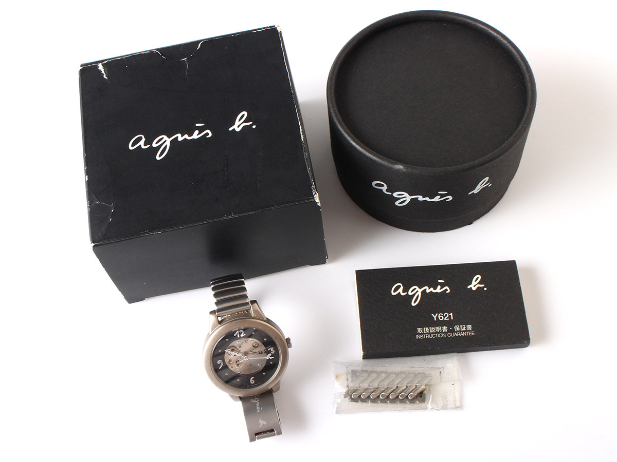 E17008 美品 agnes b. アニエスベー 腕時計 箱付き Y621-8030 自動巻き 稼動品 スケルトン シルバー 文字盤ブラック アナログ ステンレスの画像8